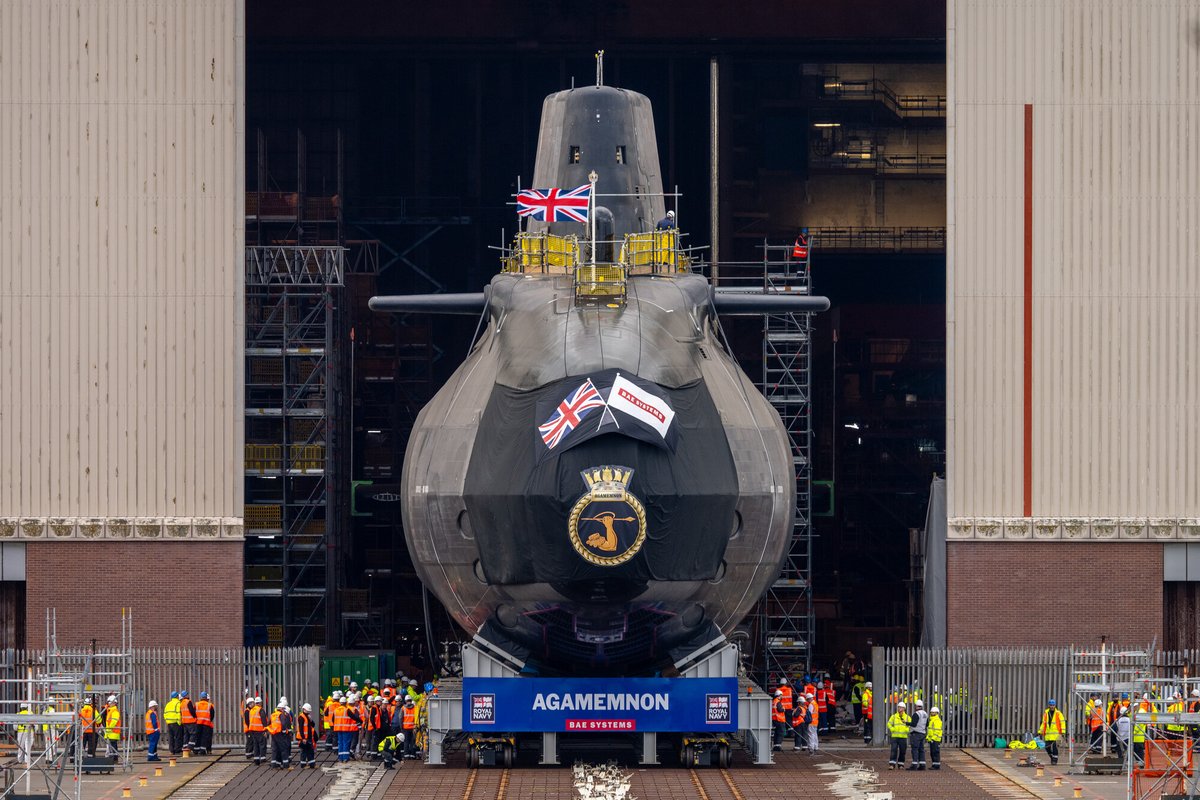 BAESystemsplc's tweet photo. Agamemnon, the latest @RoyalNavy Astute class attack submarine, has been launched at our site in Cumbria.  

Named after the ancient Greek king, Agamemnon is the sixth of seven Astute submarines being built for the @RoyalNavy at our historic Barrow shipyard. 

🔗 https://t.co/nJXFbzrMXV
