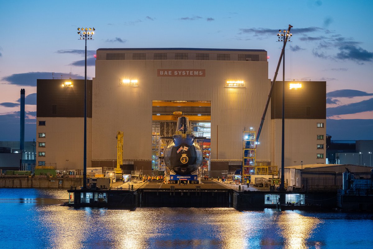 BAESystemsplc's tweet photo. Agamemnon, the latest @RoyalNavy Astute class attack submarine, has been launched at our site in Cumbria.  

Named after the ancient Greek king, Agamemnon is the sixth of seven Astute submarines being built for the @RoyalNavy at our historic Barrow shipyard. 

🔗 https://t.co/nJXFbzrMXV