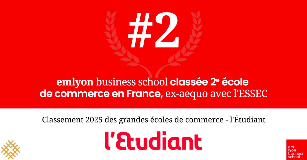 🏆 emlyon business school est la 2e école de commerce française, ex-aequo avec l'ESSEC, d'après le classement <a href="/letudiant/">l'Etudiant</a> des meilleures écoles de commerce.

Une progression exceptionnelle de 2 places par rapport à l’édition 2024, positionnant emlyon derrière HEC.📈

#wearemakers