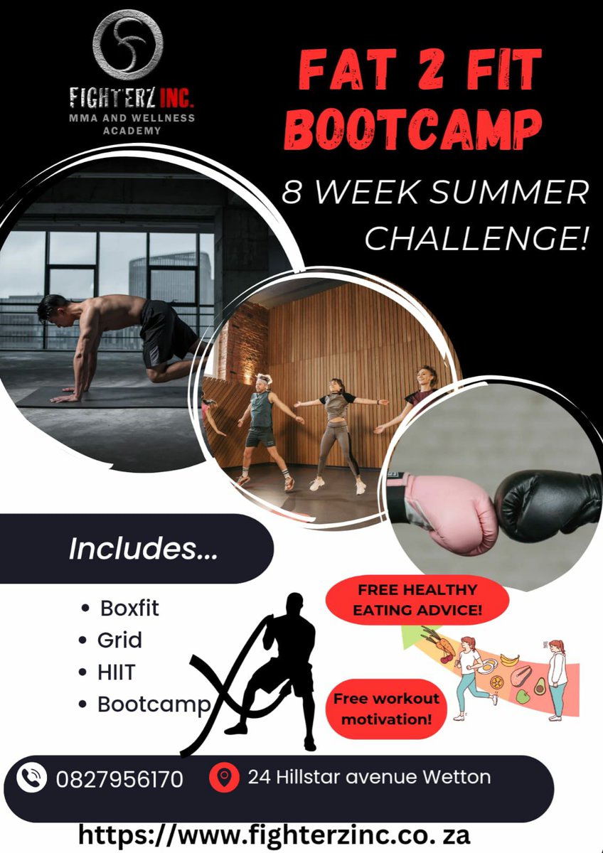 FighterzIncMMA's tweet photo. Fighterz Inc. Mma and Wellness Academy presents 
'Fat to Fit' 8 Weeks Summer Challenge. This will include Boxfit classes, Grid type training, High intense interval training and Bootcamp style with padwork. All to boost your fat burning and toning up at the same time. https://t.co/xw63yFupN8