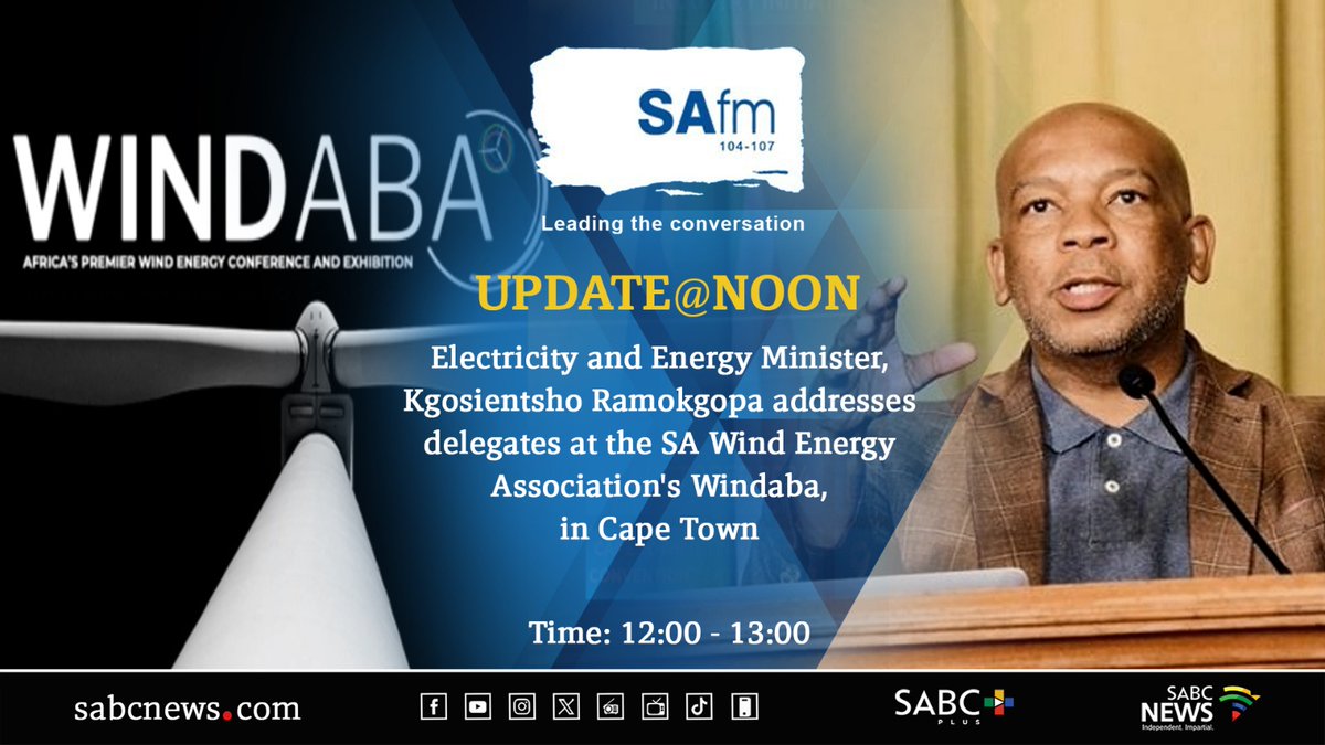 SABCNews_Radio's tweet photo. [COMING UP] This year's #Windaba , Africa's Premier Wind Energy event, comes as South Africa intensifies efforts to connect 53 000 megawatts of new sources of energy to the national grid in the next 10 years. 

Tune into #UpdateAtNoon on @SAfmRadio now for more #SABCNews stories. https://t.co/dyf9Fn7ypg