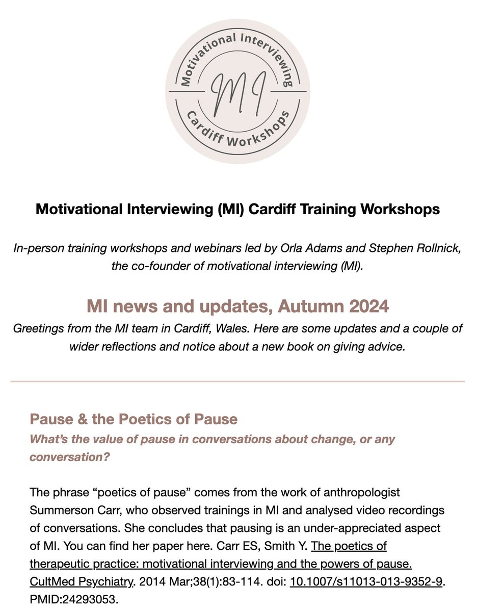 Cardiff MI Workshops (@micardiff) on Twitter photo Motivational Interviewing (MI) Cardiff Training Workshops email newsletter:
🗞️MI news & updates, Autumn 2024
mailchi.mp/6635281f2156/n…
#MotivationalInterviewing #Motivational_Interviewing
#MI #Motivational_Interviewing #News <a href="/OrlaAdams/">Orla Adams 💙</a> <a href="/stephenrollnick/">Prof Stephen Rollnick</a> Motivational Interviewing (MI) Cardiff Training Workshops email newsletter:
🗞️MI news & updates, Autumn 2024
mailchi.mp/6635281f2156/n…
#MotivationalInterviewing #Motivational_Interviewing
#MI #Motivational_Interviewing #News <a href="/OrlaAdams/">Orla Adams 💙</a> <a href="/stephenrollnick/">Prof Stephen Rollnick</a>
