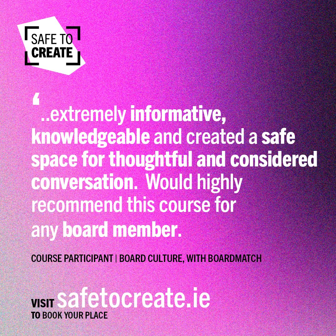safetocreate_ie's tweet image. Learn more about the Board’s responsibility to set and monitor the culture of organisations in the arts and creative sectors.
⏰Board Culture in the Arts &amp;amp; Creative sectors
Mon 14 OCT, 5.30-8.30pm, ONLINE
Book Now:
loom.ly/SGIn0go
In partnership with @boardmatch