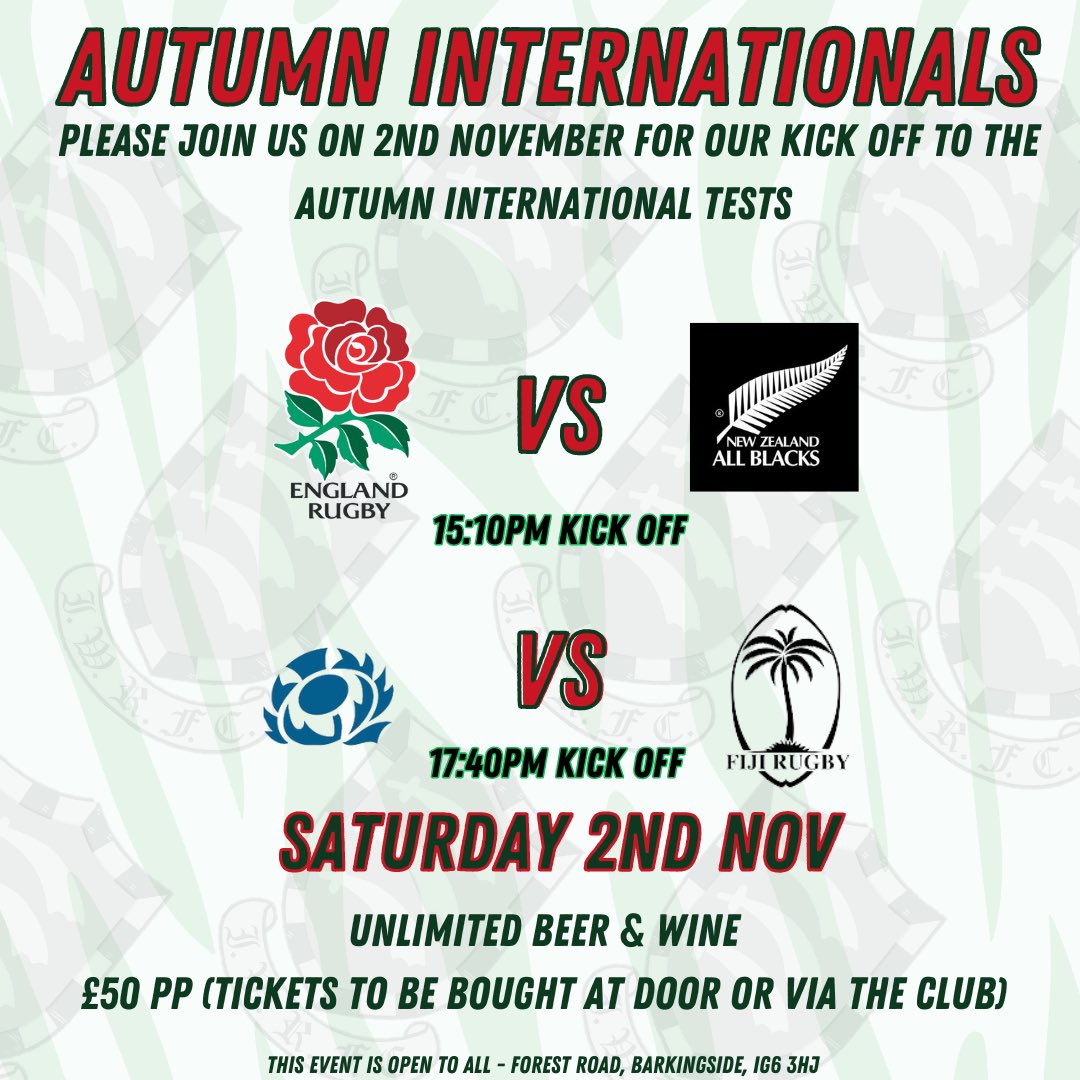 IlfordRFC's tweet photo. 🚨TEST RUGBY IS BACK🚨

With the Autumn series just around the corner, we’re opening our doors to kick things off. Please join us on 2nd November where we’ll be showing the games on the big screens. We also have a fantastic drinks deal available. For more info please reach out. https://t.co/3mmdpyDbGh
