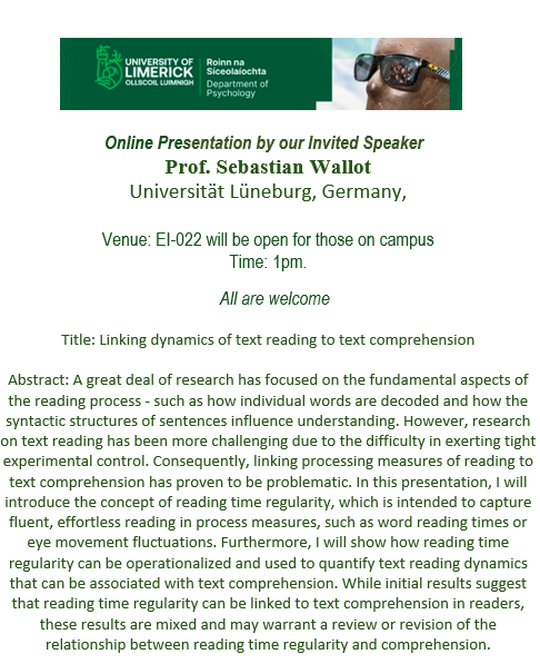 UL Psychology (@ulpsych) on Twitter photo Join us on Monday for a presentation by Prof. Sebastian Wallot. Email larkin.eve@ul.ie for the access link. Join us on Monday for a presentation by Prof. Sebastian Wallot. Email larkin.eve@ul.ie for the access link.
