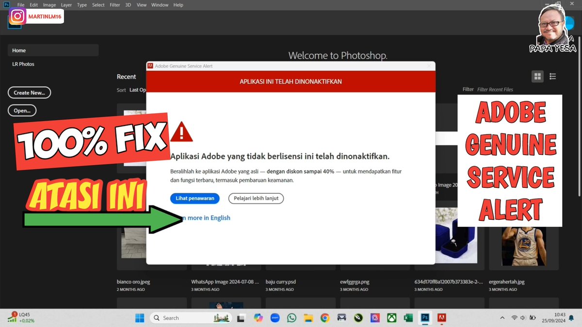 Cepat pasti 100% Fix Permanent, mengatasi Adobe Genuine Service Alert 👇👇👇👇
youtu.be/lWldGohHQF8
#papayesa #tutorial #youtube #youtubechannel #subscribe #alertadobe #adobegenuine