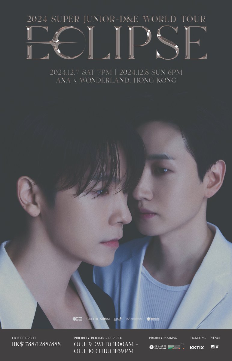 168ProductionHK's tweet photo. [2024 SUPER JUNIOR-D&E WORLD TOUR : ECLIPSE in HONG KONG] 恒生 Mastercard信用卡優先購票

[2024 SUPER JUNIOR-D&E WORLD TOUR : ECLIPSE in HONG KONG] 將於2024 年12月7-8日在 西九文化區安盛x竹翠公園 舉行！快啲記低以下恒生 Mastercard信用卡 優先購票日期及時間，一齊搶飛啦！

演出資訊🎤
🗓️日期 : 2024年12月7日 （六）【晚上7時】 及 12月8日 （日）【晚上6時】
📍地點：安盛x竹翠公園
🎫 票價 : HK $1,788 / $1,288 / $888 (全坐位)

恒生 Mastercard信用卡 優先購票: 10月9日  (三) 上午11時至10月10日 (四) 晚上11時59分 (售完即止)
優先購票平台：KKTIX

&&&&&&&&&&&&&&&&&&&&&&&&&&&&&

[2024 SUPER JUNIOR-D&E WORLD TOUR : ECLIPSE in HONG KONG] Hang Seng Mastercard Credit Card Priority Booking

[2024 SUPER JUNIOR-D&E WORLD TOUR : ECLIPSE in HONG KONG] will be held on 7-8 December 2024 at AXA x WONDERLAND. Please pay attention to the Hang Seng Mastercard Credit Card Priority Booking date & time and grab the tickets!

Concert information🎤
🗓️Date: 7 December 2024 (SAT) 【7pm】 & 8 December 2024 (SUN) 【6pm】
📍Venue: AXA x WONDERLAND
🎫 Ticket : HK $1,788 / $1,288 / $888 (All Seated)

Hang Seng Mastercard Credit Card Priority Booking: 9 October (WED) 11:00am to 10 October (THU) 11:59pm
Priority Booking Ticketing Platform: KKTIX

#SuperJuniorDnE  #슈퍼주니어DnE 
#DONGHAE #EUNHYUK #ECLIPSE #DnEWORLDTOUR_ECLIPSE #DnEWORLDTOUR_ECLIPSE_IN_HK