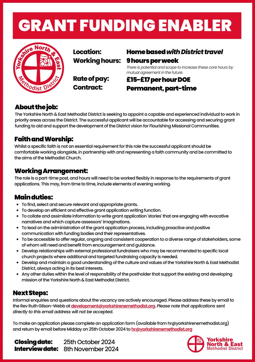 The <a href="/YNEMethodists/">Yorkshire NE Methodist District</a> seek to appoint a part-time (flexible) Grant Funding Enabler to work across priority areas, accessing grant funding that will directly aid and support our Flourishing Missional Communities. (Closes 25/10/24)

📒 Job Information pack👇🏼
media.methodist.org.uk/media/document…