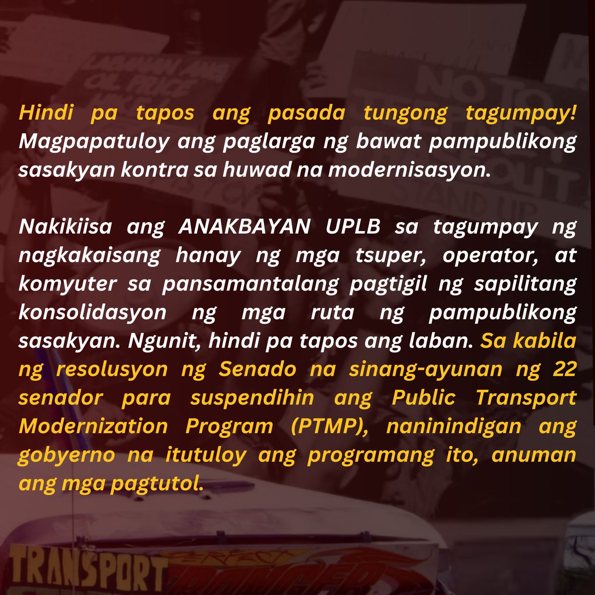 AnakbayanUPLB_'s tweet image. 𝗢𝗣𝗜𝗦𝗬𝗔𝗟 𝗡𝗔 𝗣𝗔𝗛𝗔𝗬𝗔𝗚 𝗡𝗚 𝗔𝗡𝗔𝗞𝗕𝗔𝗬𝗔𝗡 𝗨𝗣𝗟𝗕 𝗨𝗞𝗢𝗟 𝗦𝗔 𝗛𝗨𝗪𝗔𝗗 𝗡𝗔 𝗠𝗢𝗗𝗘𝗥𝗡𝗜𝗦𝗔𝗦𝗬𝗢𝗡 𝗦𝗔 𝗧𝗥𝗔𝗡𝗦𝗣𝗢𝗥𝗧𝗔𝗦𝗬𝗢𝗡

#NoToJeepneyPhaseout