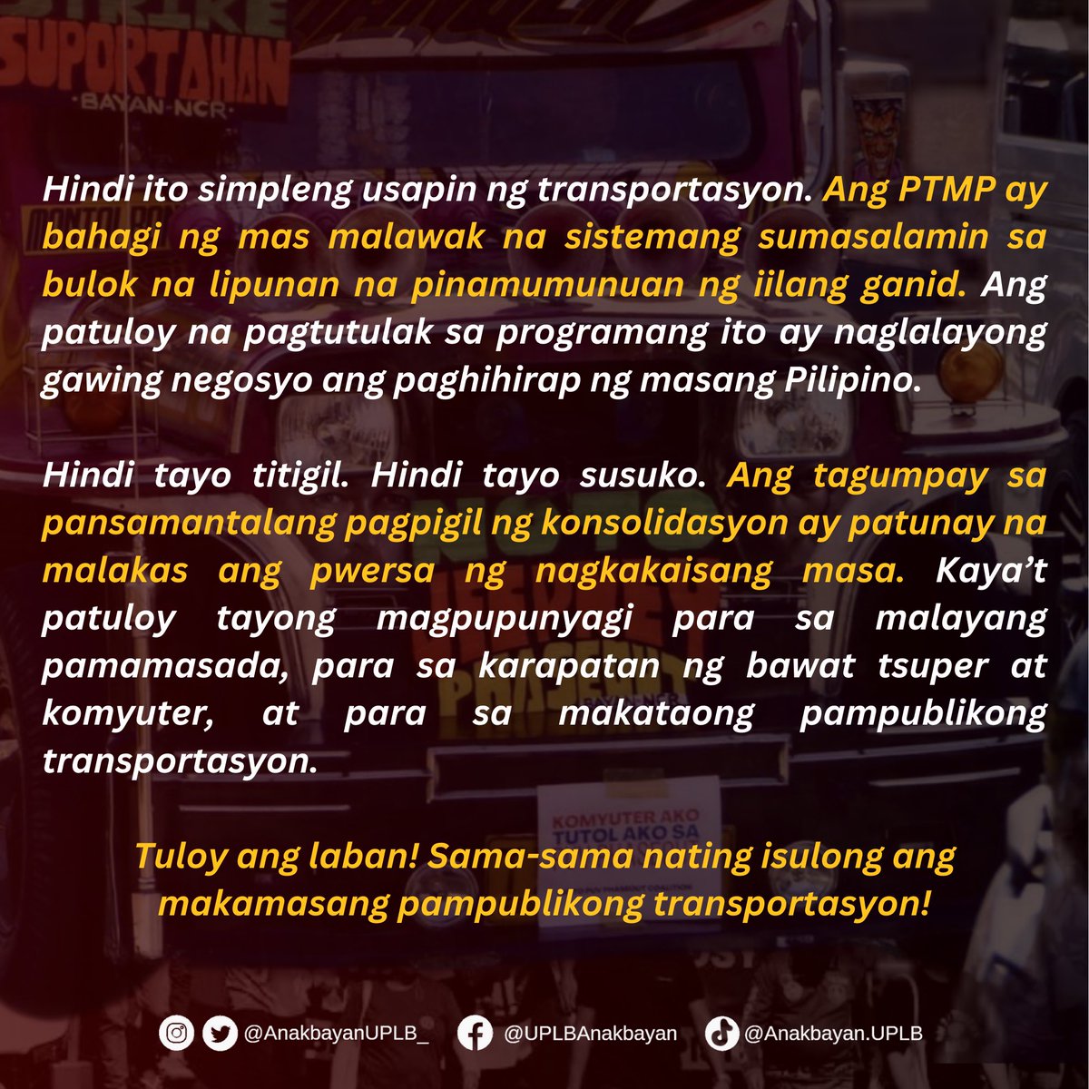 AnakbayanUPLB_'s tweet image. 𝗢𝗣𝗜𝗦𝗬𝗔𝗟 𝗡𝗔 𝗣𝗔𝗛𝗔𝗬𝗔𝗚 𝗡𝗚 𝗔𝗡𝗔𝗞𝗕𝗔𝗬𝗔𝗡 𝗨𝗣𝗟𝗕 𝗨𝗞𝗢𝗟 𝗦𝗔 𝗛𝗨𝗪𝗔𝗗 𝗡𝗔 𝗠𝗢𝗗𝗘𝗥𝗡𝗜𝗦𝗔𝗦𝗬𝗢𝗡 𝗦𝗔 𝗧𝗥𝗔𝗡𝗦𝗣𝗢𝗥𝗧𝗔𝗦𝗬𝗢𝗡

#NoToJeepneyPhaseout