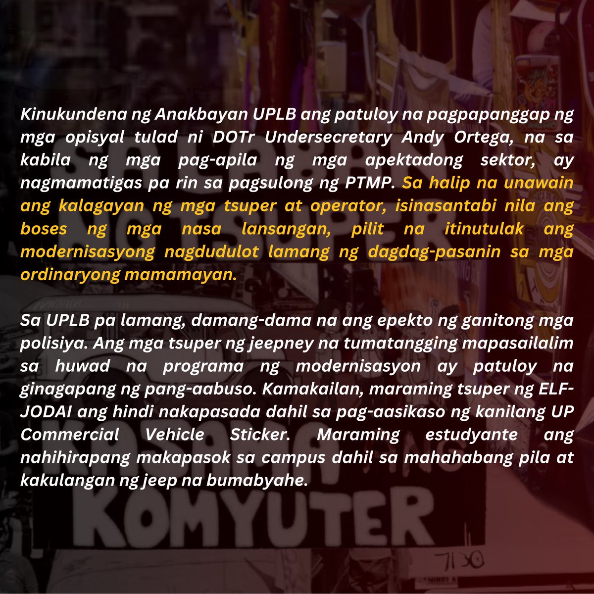 AnakbayanUPLB_'s tweet image. 𝗢𝗣𝗜𝗦𝗬𝗔𝗟 𝗡𝗔 𝗣𝗔𝗛𝗔𝗬𝗔𝗚 𝗡𝗚 𝗔𝗡𝗔𝗞𝗕𝗔𝗬𝗔𝗡 𝗨𝗣𝗟𝗕 𝗨𝗞𝗢𝗟 𝗦𝗔 𝗛𝗨𝗪𝗔𝗗 𝗡𝗔 𝗠𝗢𝗗𝗘𝗥𝗡𝗜𝗦𝗔𝗦𝗬𝗢𝗡 𝗦𝗔 𝗧𝗥𝗔𝗡𝗦𝗣𝗢𝗥𝗧𝗔𝗦𝗬𝗢𝗡

#NoToJeepneyPhaseout