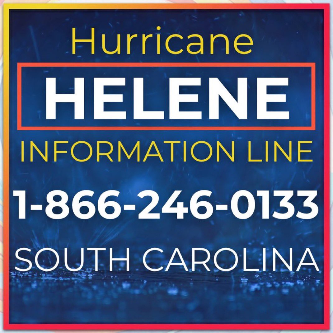 South Carolina residents with questions about Hurricane #Helene can call the state’s toll-free hotline for assistance. Operators with the Public Information Phone System are ready to help.

📞 Hurricane Helene Info Line: 1-866-246-0133