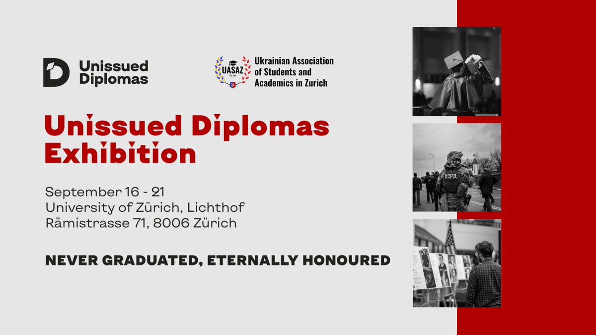 uasaz_ch's tweet photo. In the first week of the new semester, we remembered those who would never get their diplomas. The Unissued Diplomas exhibition at @UZH_en reminded us of the high price Ukrainian youth pays for its future. https://t.co/plWCEu8cuL