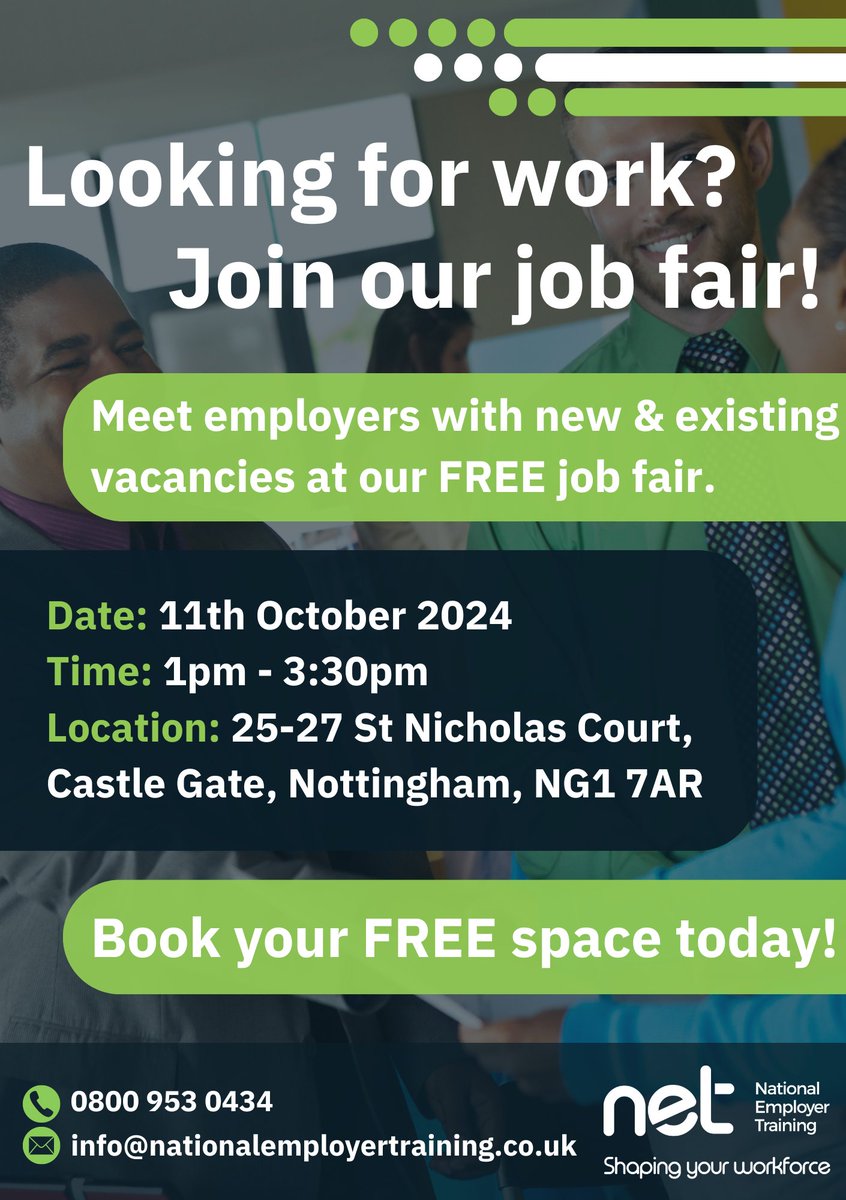 🎯 Looking for work or training courses?
We’re hosting a FREE #JobFair! 🎉

📅 11th October 2024
🕐 1pm - 3:30pm
📍 25-27 St Nicholas Court, Castle Gate, Nottingham, NG1 7AR

Don’t miss this chance! ⬇️

 📧 info@nationalemployertraining.co.uk
 📞 0800 953 0434