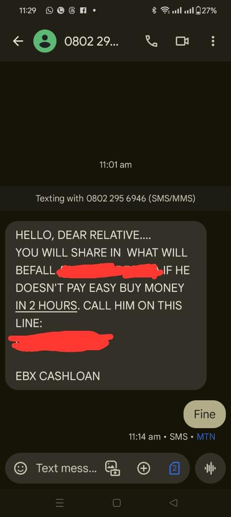 DatArewaBabe's tweet image. Dear @cenbank and @fccpcnigeria,

Kindly find a disturbing message from a staff of @EasybuyNG @EasybuyNG_ in their recovery of NPLs.

This is unprofessional as it is an absolute threat to life.

Cc:
@PoliceNG 
@Princemoye1