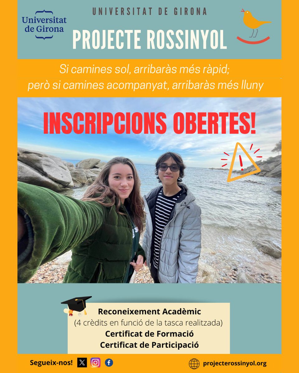 INSCRIPCIONS OBERTES❗❗❗

🚨Rossinyooools no us quedeu sense la vostra plaça⚠

Recordeu omplir el formulari✅ entrant a: docs.google.com/forms/d/e/1FAI…

Us esperem amb moooltes ganes🤍🐤

#projecterossinyoludg <a href="/univgirona/">Universitat de Girona</a> <a href="/Mentoriasocial/">Coordinadora de Mentoría Social</a>