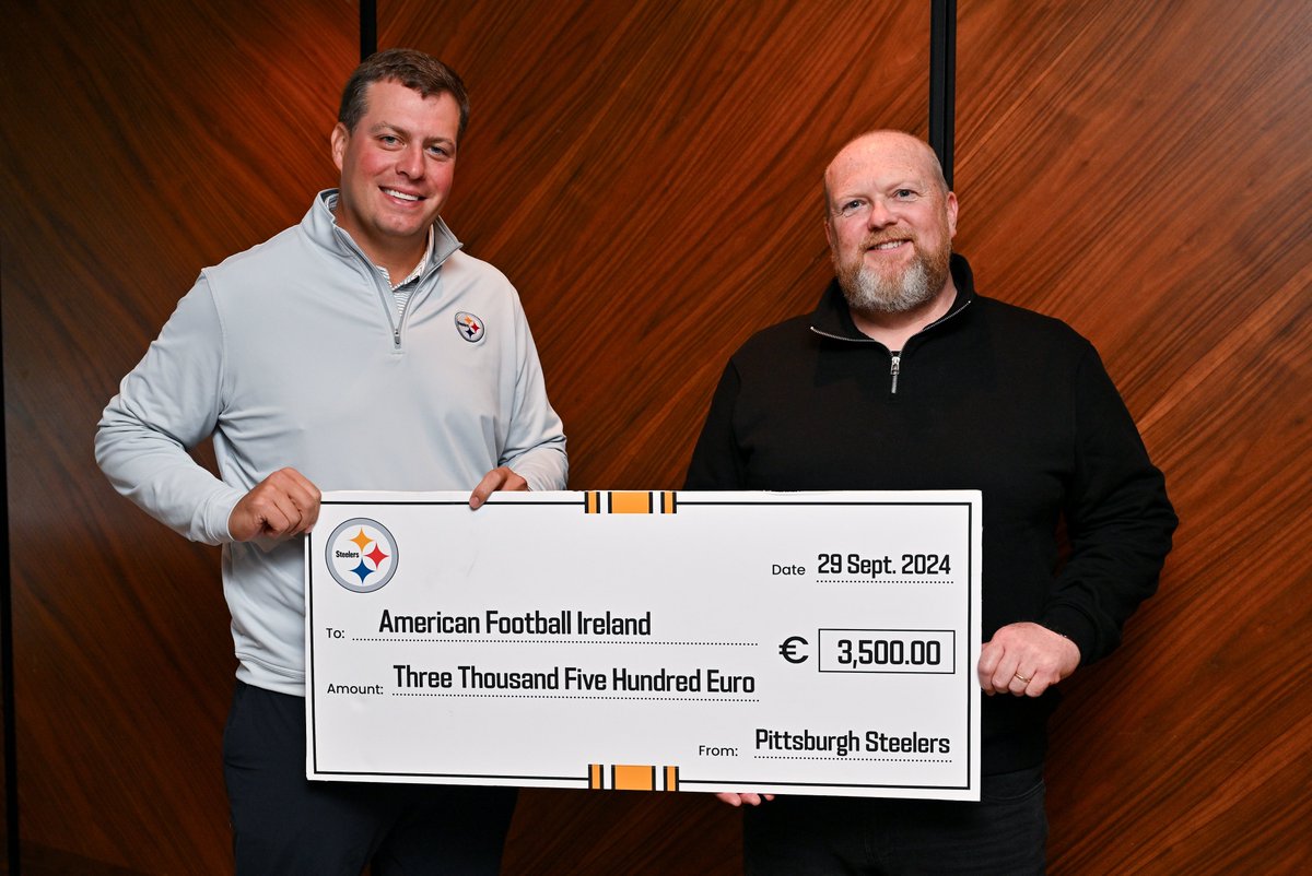 Growing the game🏈

The Steelers have donated €3,500 to <a href="/a_f_ireland/">American Football Ireland</a> to acknowledge the support they have given the team and to help further their efforts to grow and teach the game across the island of Ireland🤝

📸Pictured are Steelers Director of Business Development &amp;