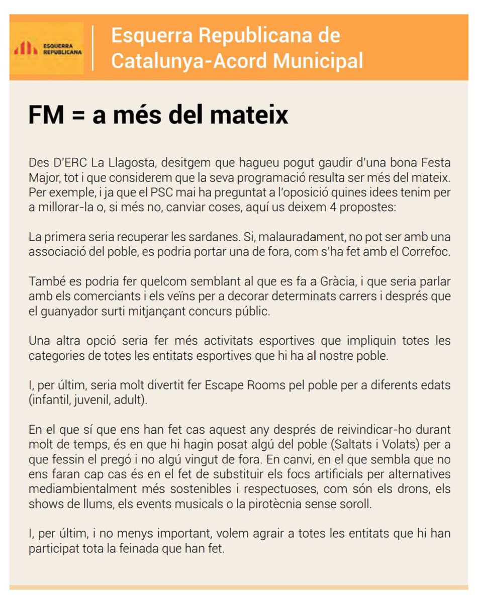 ERCLaLlagosta's tweet photo. El nostre article per al diari local d'aquest mes d'octubre. #lallagosta https://t.co/bBUJSmBhBA