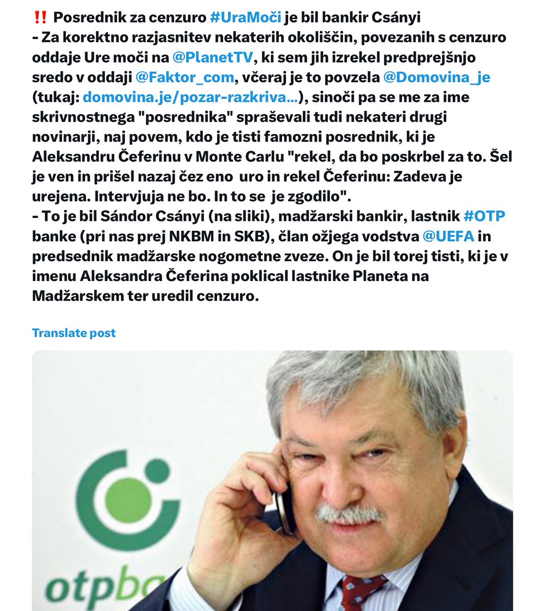 NovakBozidar's tweet photo. Kot komitent pozivam @otpbank_hu, da javno odgovori, če drži, da korporativno vodenje banke omejuje svobodo medijev v Sloveniji. Ter naj pojasni vlogo Sándorja Csánya pri tem. Proti temu sem se boril že v komunizmu in bil 1988 v Beogradu celo obsojen, zaradi Katedre! https://t.co/PyOUmK2taU