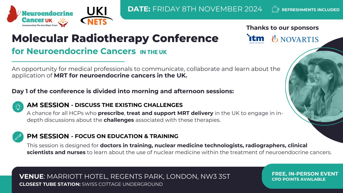 Neuroendocrine Cancer UK #NotJustNECancer (@ncukcharity) on Twitter photo Nuclear Medicine specialists incl (especially) early careers:
Molecular Radiotherapy Conference London. Friday 8 November 2024
Full Agenda (AM) & (PM) Sessions: bit.ly/3SV1rksTo
To Register bit.ly/3YYrcEF <a href="/EANM_NucMed/">European Association of Nuclear Medicine (EANM)</a> <a href="/ipemnews/">Institute of Physics and Engineering in Medicine</a> <a href="/KCLGSTTpet/">KCL/GSTT PET centre</a> <a href="/petctacademy/">PET-CT Academy</a> Nuclear Medicine specialists incl (especially) early careers:
Molecular Radiotherapy Conference London. Friday 8 November 2024
Full Agenda (AM) & (PM) Sessions: bit.ly/3SV1rksTo
To Register bit.ly/3YYrcEF <a href="/EANM_NucMed/">European Association of Nuclear Medicine (EANM)</a> <a href="/ipemnews/">Institute of Physics and Engineering in Medicine</a> <a href="/KCLGSTTpet/">KCL/GSTT PET centre</a> <a href="/petctacademy/">PET-CT Academy</a>