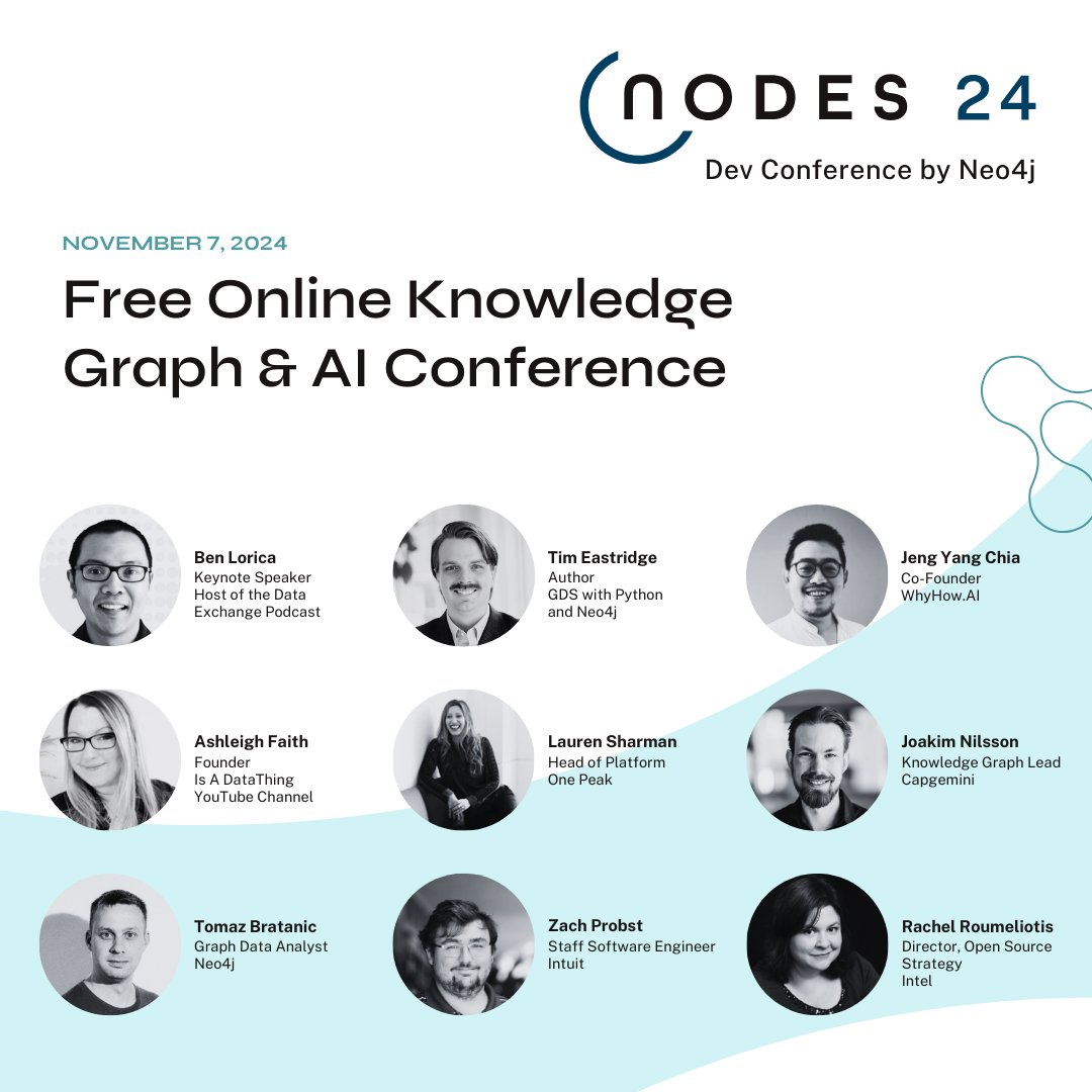 We are excited to partner with #NODES2024, #Neo4j's ONLINE developer conference! On November 7, join us for 24 hours of free live talks. Don't miss out, sign up today: neo4j.registration.goldcast.io/events/03805ea… 
#graphdatabases #graphs #datascience #GraphRAG  #ML #AI #NODES2024