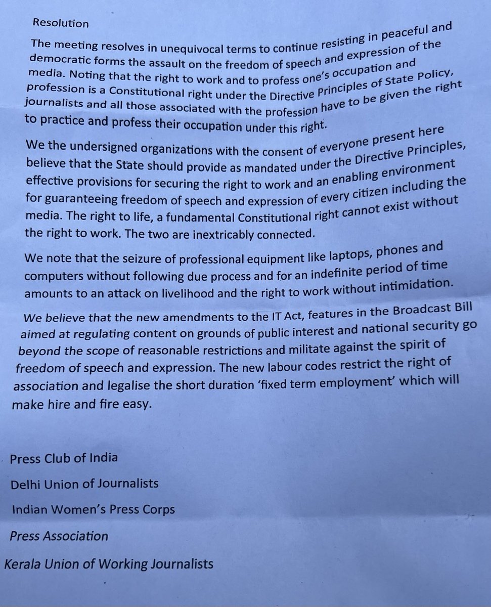DUJ1949's tweet photo. Resolution adopted by the Press Club of India, Delhi Union of Journalists, Indian Women’s Press Corps and the Kerala Union of Working Journalists at the protest meeting against attacks on independent journalism. https://t.co/iFCPh33ipv