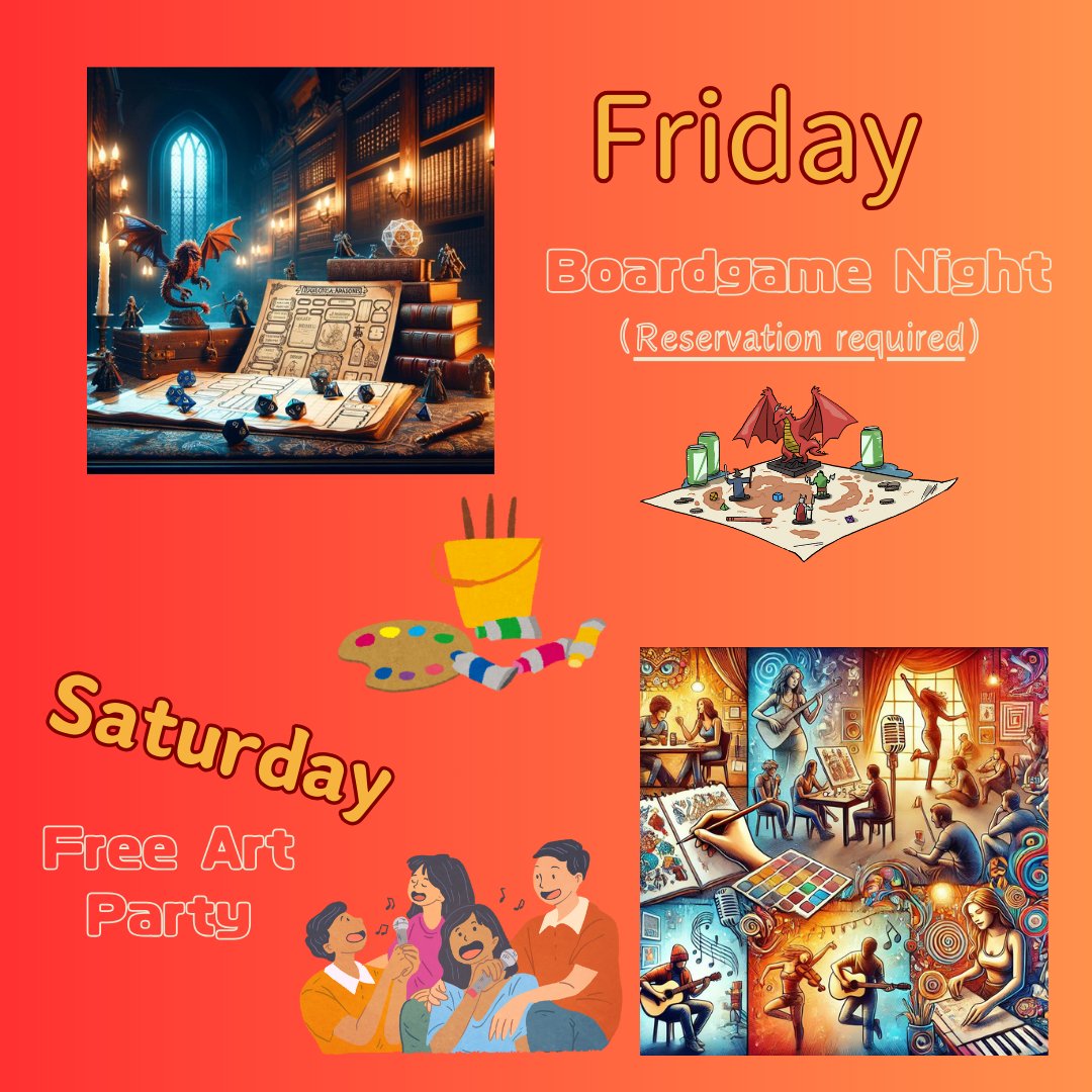 infinitybook's tweet image. 🎲 Fri: Boardgame Night (7 PM)
Join us for RPGs &amp;amp; board games! RSVP here: meetup.com/rpgtokyo

🎨 Sat: Free Art Party (8 PM)
Bring your art, music &amp;amp; creativity! All are welcome.

#InfinityBooks #RPGNight #FreeArtParty #TokyoEvents