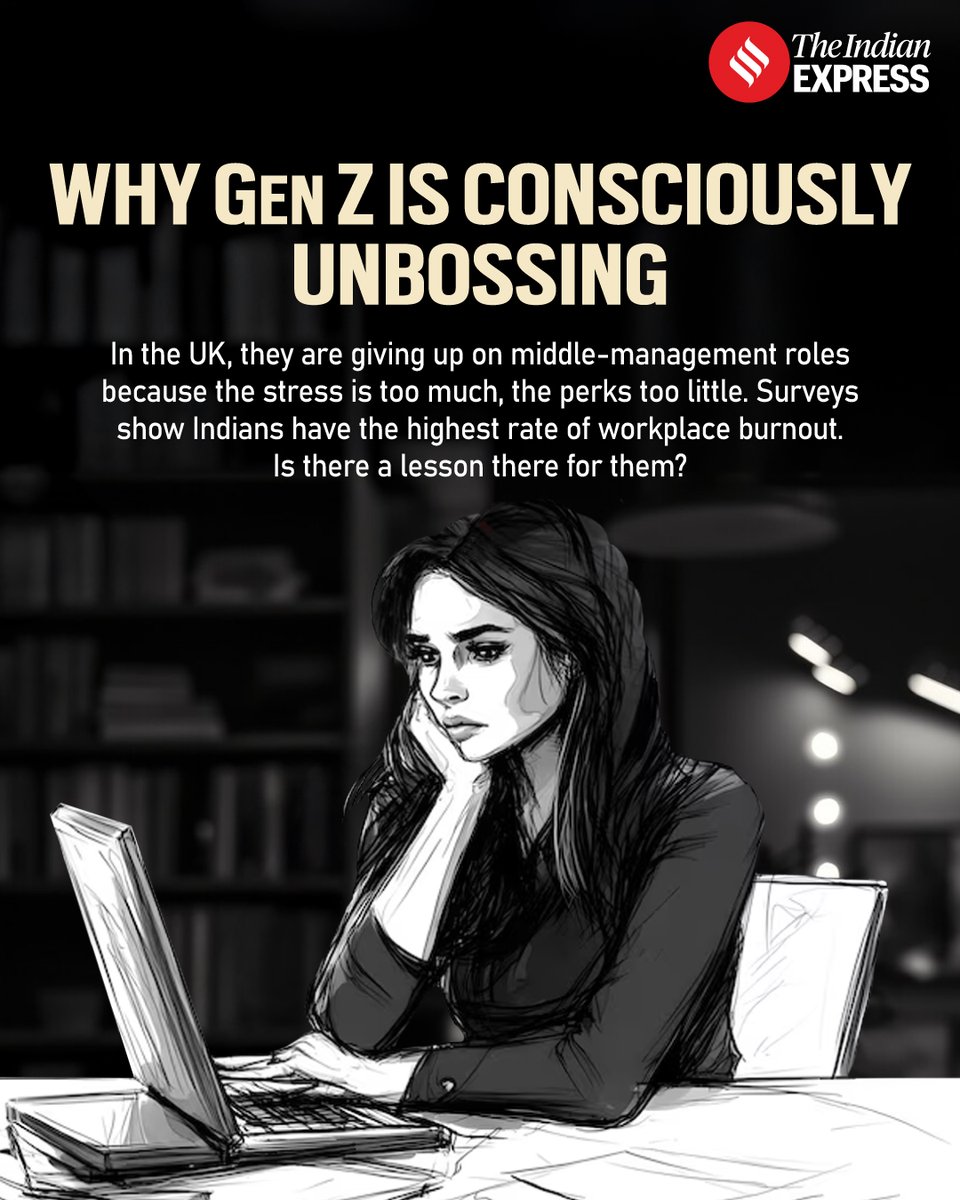 IndianExpress's tweet photo. #ExpressEditorial | In the UK, GenZ are giving up on middle-management roles because the stress is too much, the perks too little.
Surveys show Indians have the highest rate of workplace burnout.
The one lesson that capitalism never imparts is this: If one isn’t around to enjoy the fruits of one’s labour, or if the process becomes a punishment, does it even matter? Read 👇🏽
https://t.co/VGYjYrM7hV
#workstress #worklife #worklifebalance