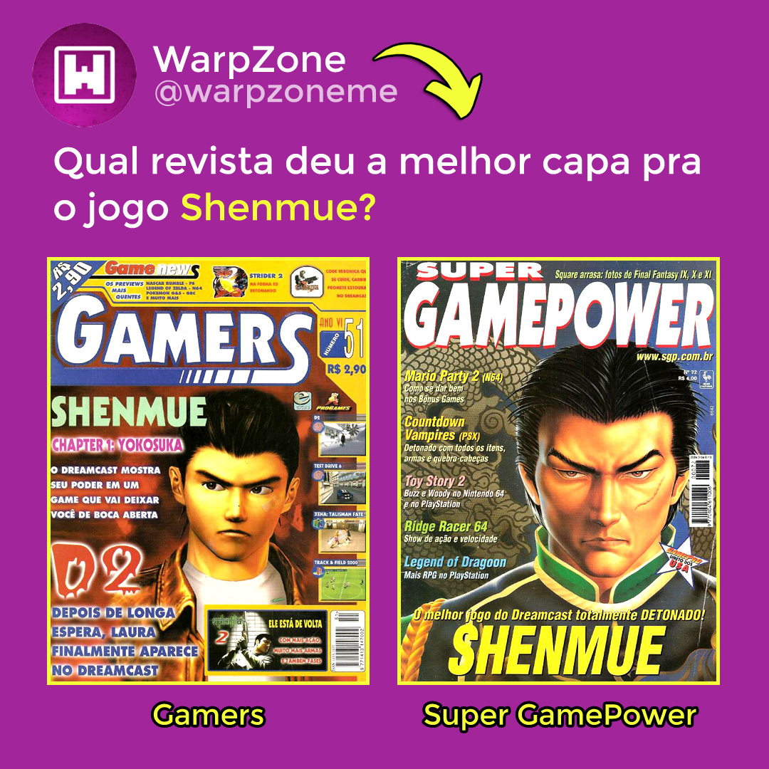 WarpZoneMe's tweet photo. Qual foi a revista com a melhor capa de Shenmue na época?
#Retro #Retrogame #Videogame #Dreamcast #Sega #Locadora #Arcade #Fliperama #Shenmue #Microsoft #YuSuzuki https://t.co/Fch6PNlGAA