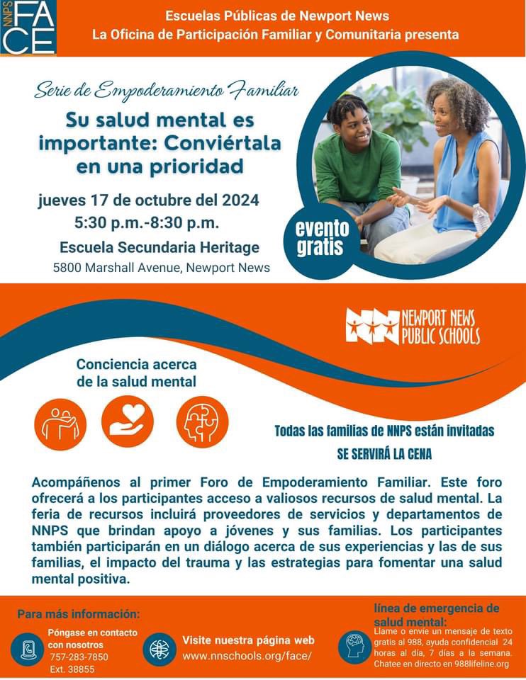 NNPS YouthDev (@nnpsyouthdev) on Twitter photo Today is World Mental Health Day! Join our middle and high school students and families for the first Family Empowerment Forum. "Your Mental Health Matters," on Thursday, October 17th at <a href="/HeritageHS/">Heritage High School</a> . Doors will open for dinner at 5:00pm for this free event. Today is World Mental Health Day! Join our middle and high school students and families for the first Family Empowerment Forum. "Your Mental Health Matters," on Thursday, October 17th at <a href="/HeritageHS/">Heritage High School</a> . Doors will open for dinner at 5:00pm for this free event.