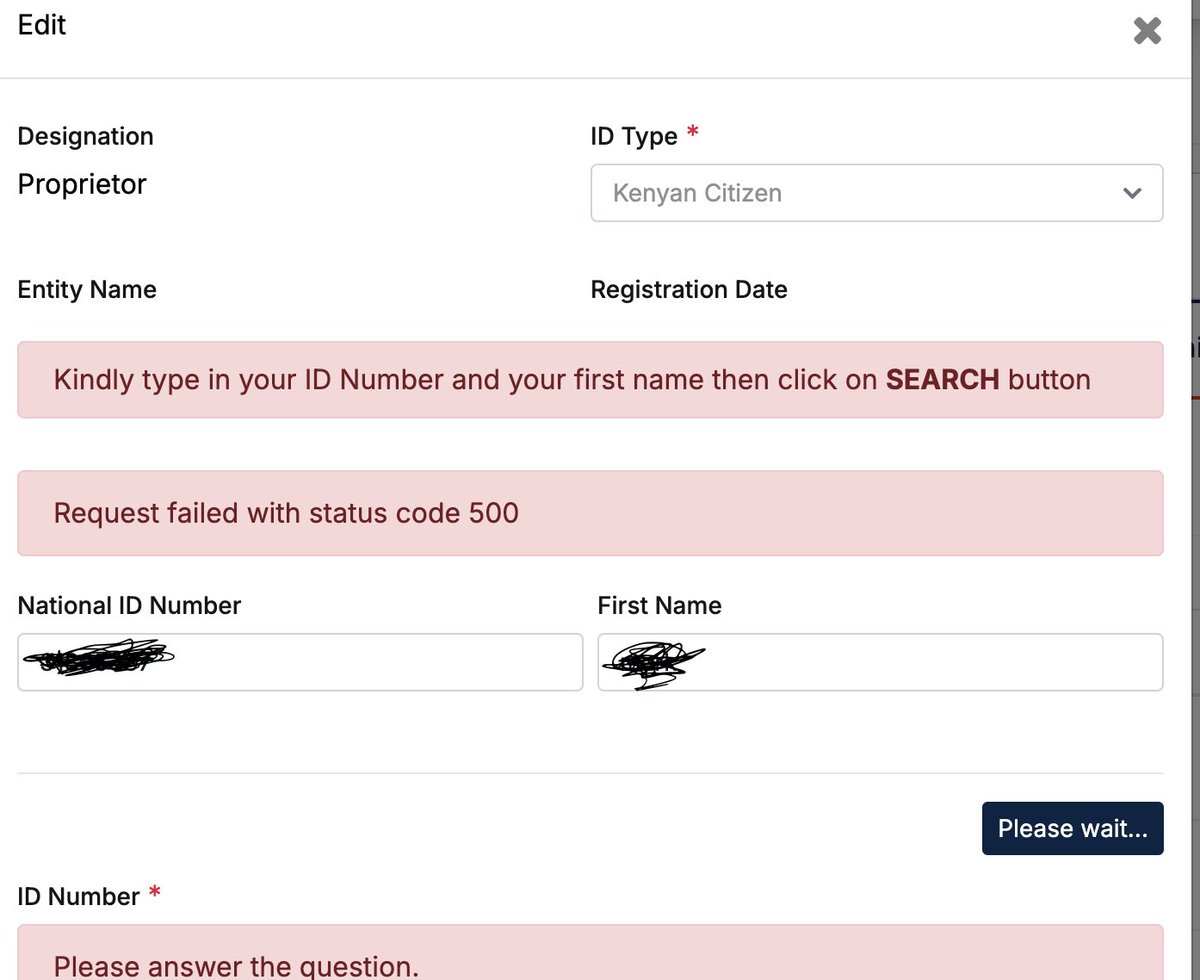 _markkimathi's tweet photo. @BRS_Kenya unable to register a business on your portal, i keep getting this error when I search for my ID https://t.co/dJixvXGcrw
