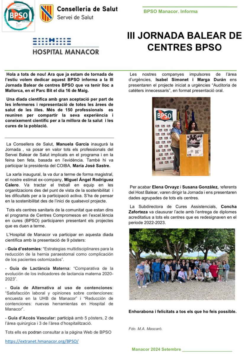 BPSO-HManacor (@bpso_hmanacor) on Twitter photo ✅ Presentam el “BPSO Informa” de <a href="/HManacor/">Hospital de Manacor</a> on es fa un resum de la III Jornada Balear de Centres Compromesos en l'excel·lència en cures que va tenir lloc al maig, al parc BIT de Palma
<a href="/bpsobalears/">@bpsobalears</a> ✅ Presentam el “BPSO Informa” de <a href="/HManacor/">Hospital de Manacor</a> on es fa un resum de la III Jornada Balear de Centres Compromesos en l'excel·lència en cures que va tenir lloc al maig, al parc BIT de Palma
<a href="/bpsobalears/">@bpsobalears</a>