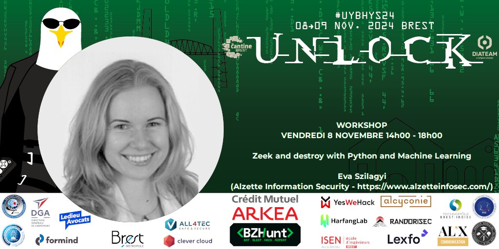 #UYBHYS [Friday 11/8 at 2 PM]: 4h workshop animated by <a href="/EvaSzilagyiSec/">Eva Szilagyi</a> (<a href="/AlzetteInfoSec/">AlzetteInfoSec</a>):

"Zeek and destroy with Python and Machine Learning"

Or how to efficiently use Zeek, a well known Network Security Monitor.

This workshop will be held in English.

unlockyourbrain.bzh