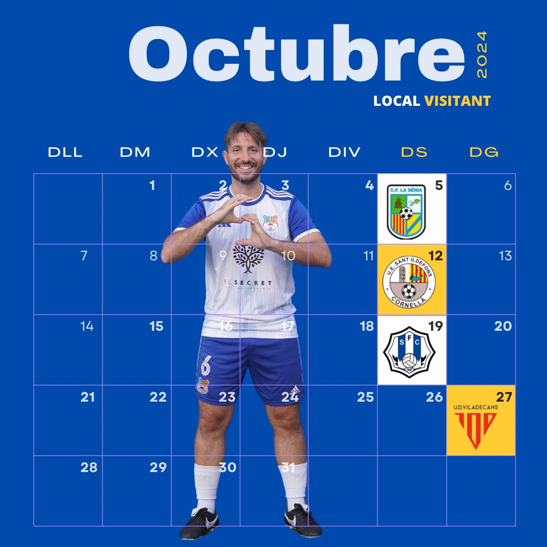 📆 OCTUBRE 📆

5️⃣ CF La Sénia (L) J3
1️⃣2️⃣ UE Sant Ildefons (V) J4
1️⃣9️⃣ Santfeliuenc FC (L) J5
2️⃣7️⃣ UD Viladecans (V) J6

#somsitges