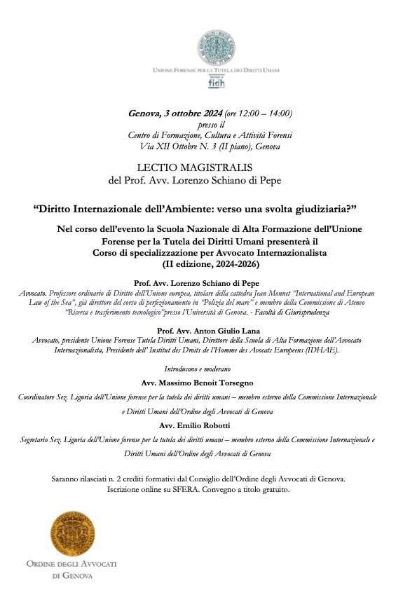 emiliorobo's tweet photo. Oggi LECTIO MAGISTRALIS del Prof. Avv. Lorenzo Schiano di Pepe “Diritto Internazionale dell’Ambiente: verso una svolta giudiziaria?”
#dirittiumani #humanrights #ambiente #environment #internationallaw @antongiuliolana @schianodipepe @UniGenova @emiliorobo @fenascop @UFTDU https://t.co/l1H0CIjNpM