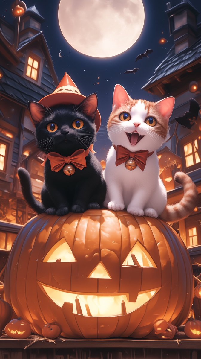 6palK's tweet photo. 「ハロウィンの夜、2匹の魔法猫がお出迎え🎃✨
月明かりの下で、最高にキュートな冒険が始まる！」

#ハロウィン 
#魔法猫 
#かぼちゃランタン 
#キュートすぎる 
#ファンタジーアート 
#HalloweenCats 
#PumpkinMagic 
#FullMoonVibes 
#SpookyCute 
#TrickOrTreat https://t.co/edcaTQzwRI