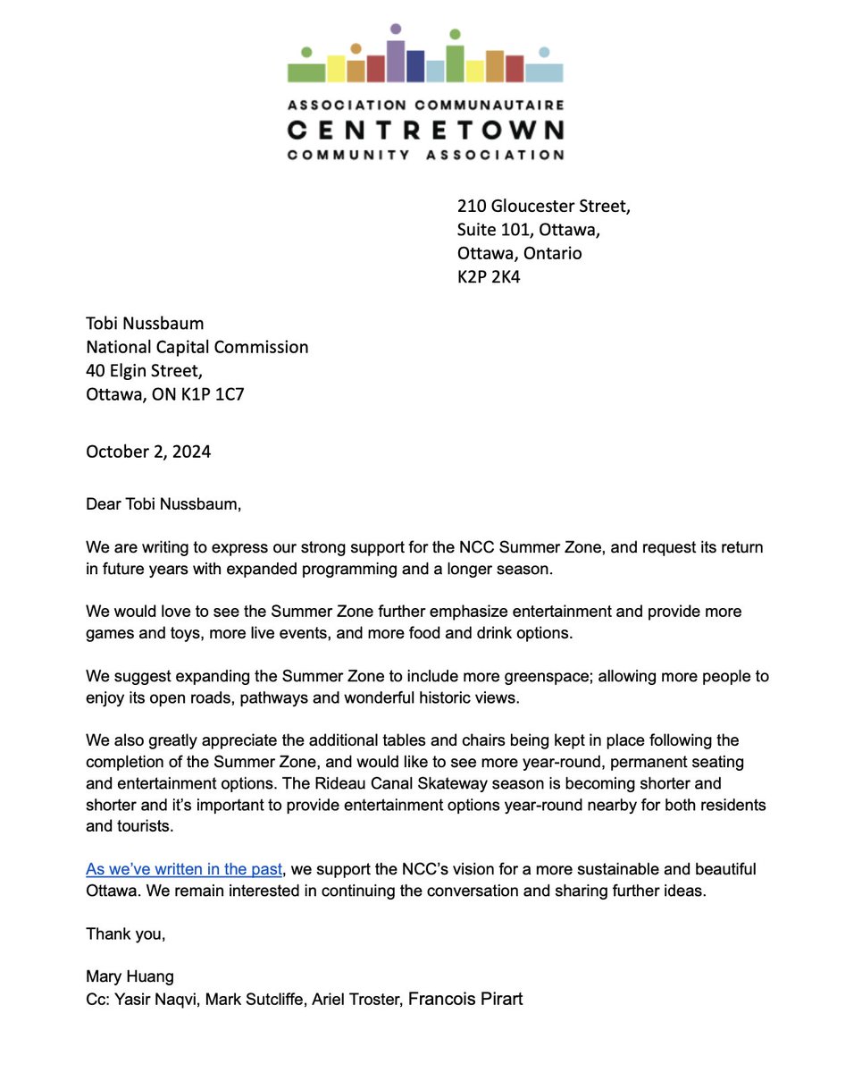 The Centretown Community Association has sent a letter to the NCC expressing our support for the NCC's Summer Zone.

We'd like to see expanded programming and a longer season in future years. 

Bring back the Summer Zone! cc <a href="/AlainMiguelez/">Alain Miguelez</a>