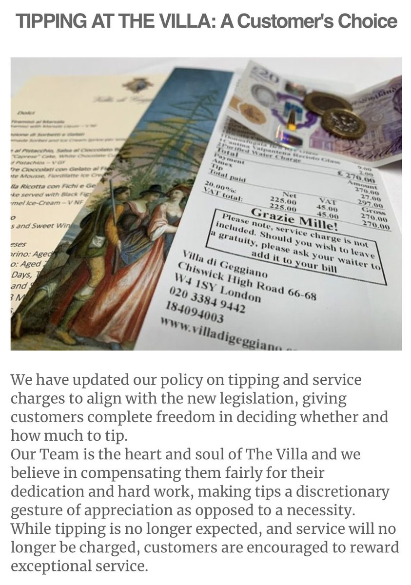 VilladiGeggiano's tweet photo. TIPPING AT THE VILLA is no longer expected, and service will no longer be charged!
#Tips #servicecharge #teamwork #tipping #tippingpolicy #CustomerService #tippingcode #announcements #hospitality #restaurants #bars #westlondon #London #toplondoneats #bestitalianrestaurant #w4 https://t.co/wer6eky1Fu