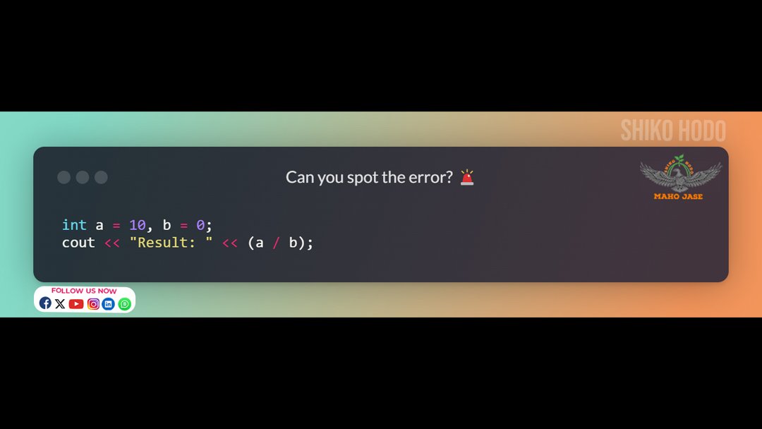 mahojase's tweet image. ❓ What’s the Potential Error Here?
.
.
.
#DivisionByZero #ZeroDivisionError #CodingMistakes #CPlusPlus #Debugging #MathErrors #ProgrammingProblems #DevLife #CodeBugs #ErrorHandling