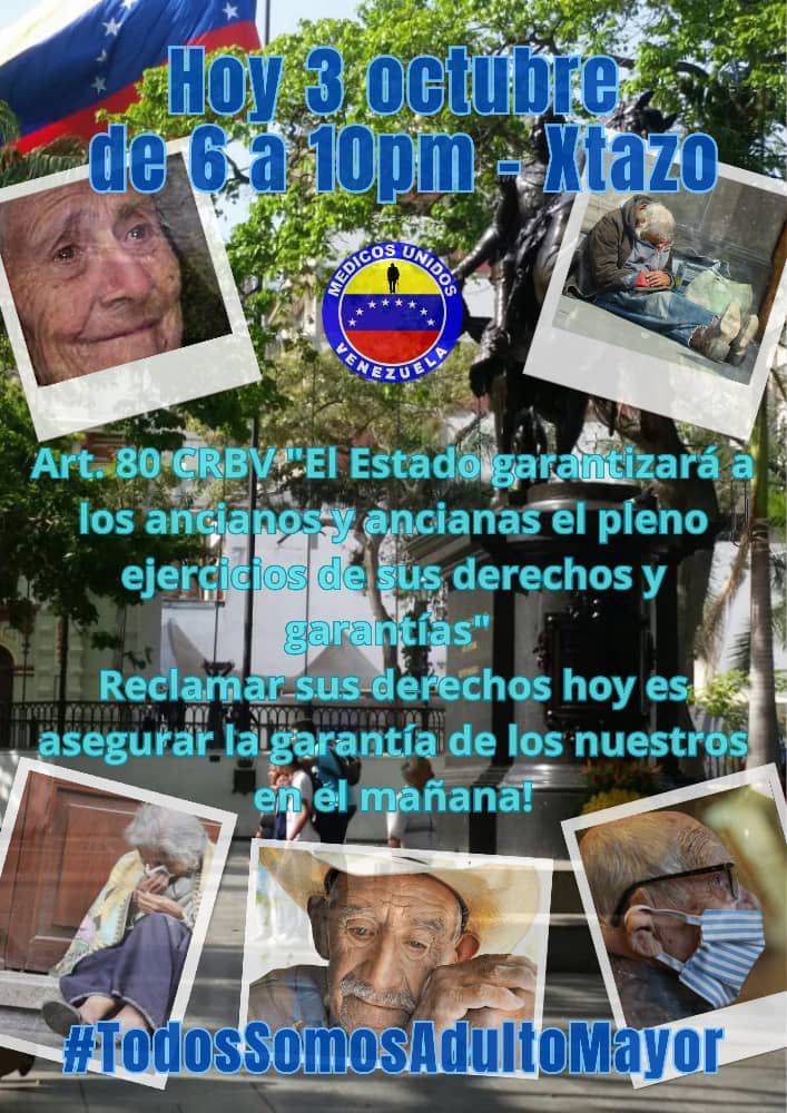 MUVaragua's tweet photo. Seamos la voz de nuestro adulto mayor para asegurarle calidad de vida en el mañana. Por todo esto te invitamos a participar del Xtazo de hoy de 06:00 pm a 10:00 pm con la etiqueta:
#TodosSomosAdultoMayor https://t.co/0lVszIahb2