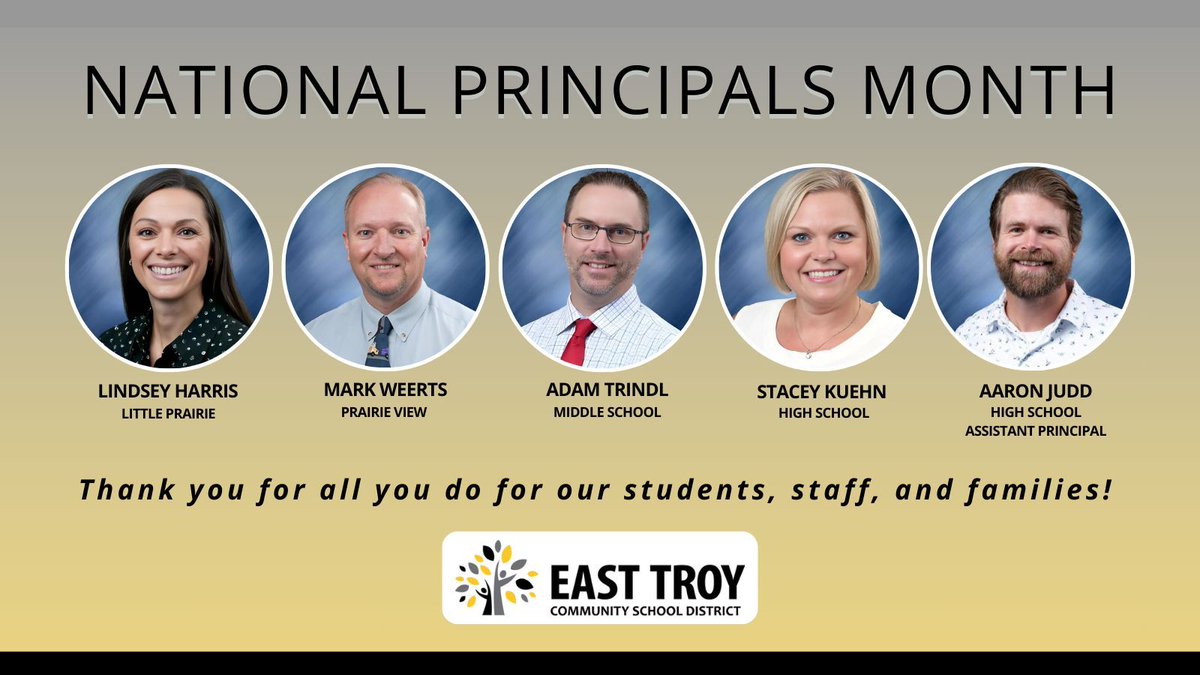 ETCSD's tweet photo. During National Principals Month, we’d like to recognize our outstanding school leaders! #ETlearningignitED

🍏 Lindsey Harris, LP Principal
🍏 Mark Weerts, PV Principal
🍏 Adam Trindl, MS Principal
🍏 Stacey Kuehn, ETHS Principal
🍏 Aaron Judd, ETHS Asst Principal https://t.co/Nl4DyrqqFN