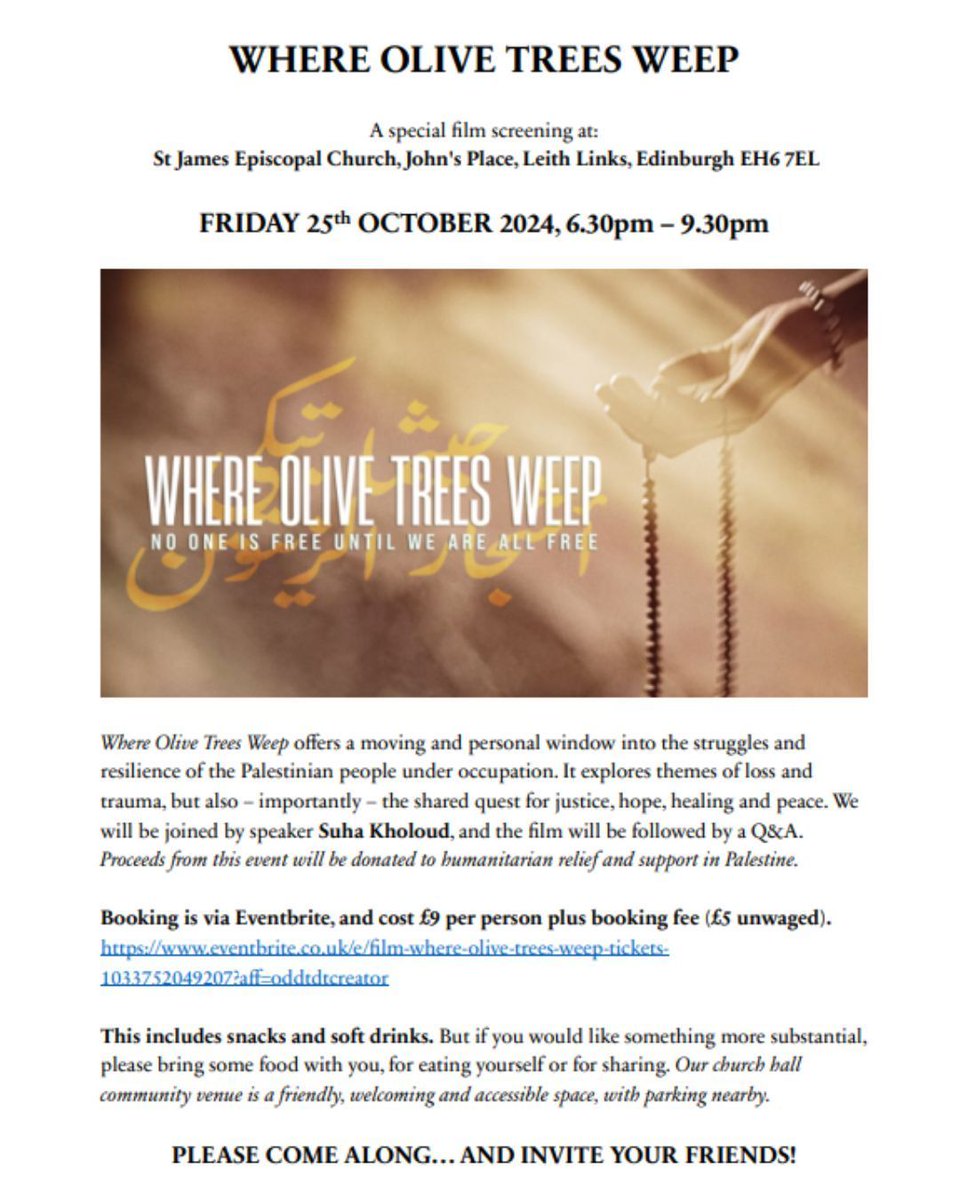 On the 25th of October we are screening Where Olive Trees Weep at St James, and we will also be welcoming speaker Suha Kholoud, with the opportunity for Q and A after the film. More info and tickets here: buff.ly/3ZOOcX8