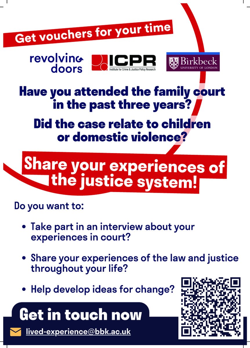 Friends, Families & Travellers (@gypsytravellers) on Twitter photo Have you been involved in proceedings in the Family Court from 2021 onwards?
<a href="/RevDoors/">Revolving Doors</a> are working with <a href="/BirkbeckUoL/">Birkbeck, University of London</a> and want to hear from you to help create positive change!
Get in touch 👇 Have you been involved in proceedings in the Family Court from 2021 onwards?
<a href="/RevDoors/">Revolving Doors</a> are working with <a href="/BirkbeckUoL/">Birkbeck, University of London</a> and want to hear from you to help create positive change!
Get in touch 👇