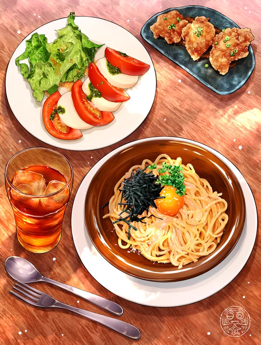 和風明太クリームパスタ と カプレーゼ のイラスト Japanese style Mentaiko Cream Pasta and Caprese  illustration 51 