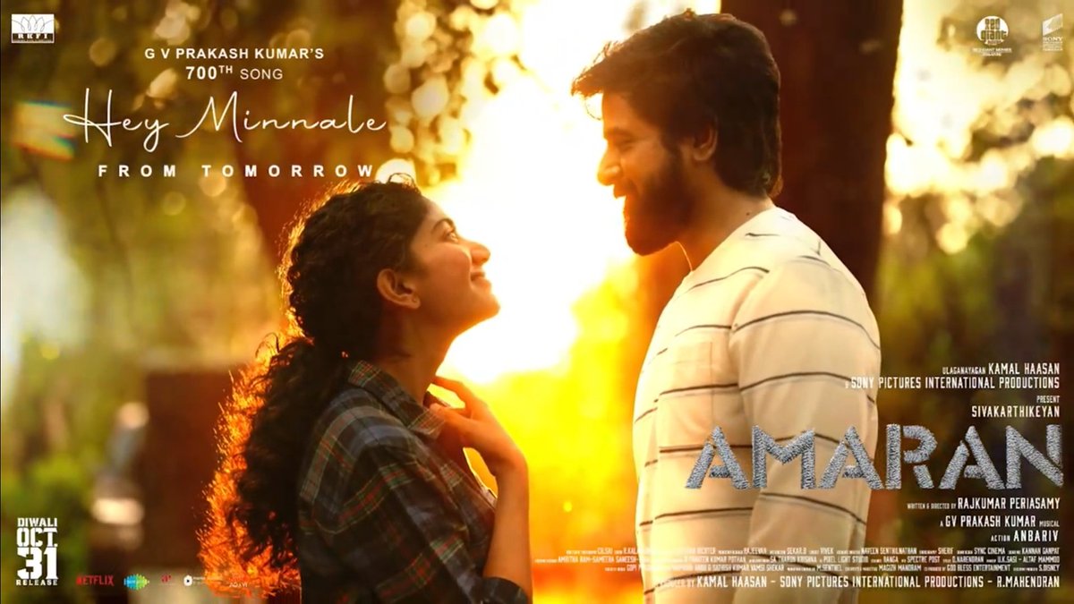 AllIndiaSKFC's tweet image. The energetic love track #HeyMinnale drops tomorrow ⚡

🌟: @Siva_Kartikeyan &amp;amp; @Sai_Pallavi92
🎵: @gvprakash
✍️: #KarthikNetha
🎤: @ShwetaMohan &amp;amp; @HaricharanMusic 
🎬: @Rajkumar_KP 

#Amaran #AmaranDiwali #AmaranOctober31