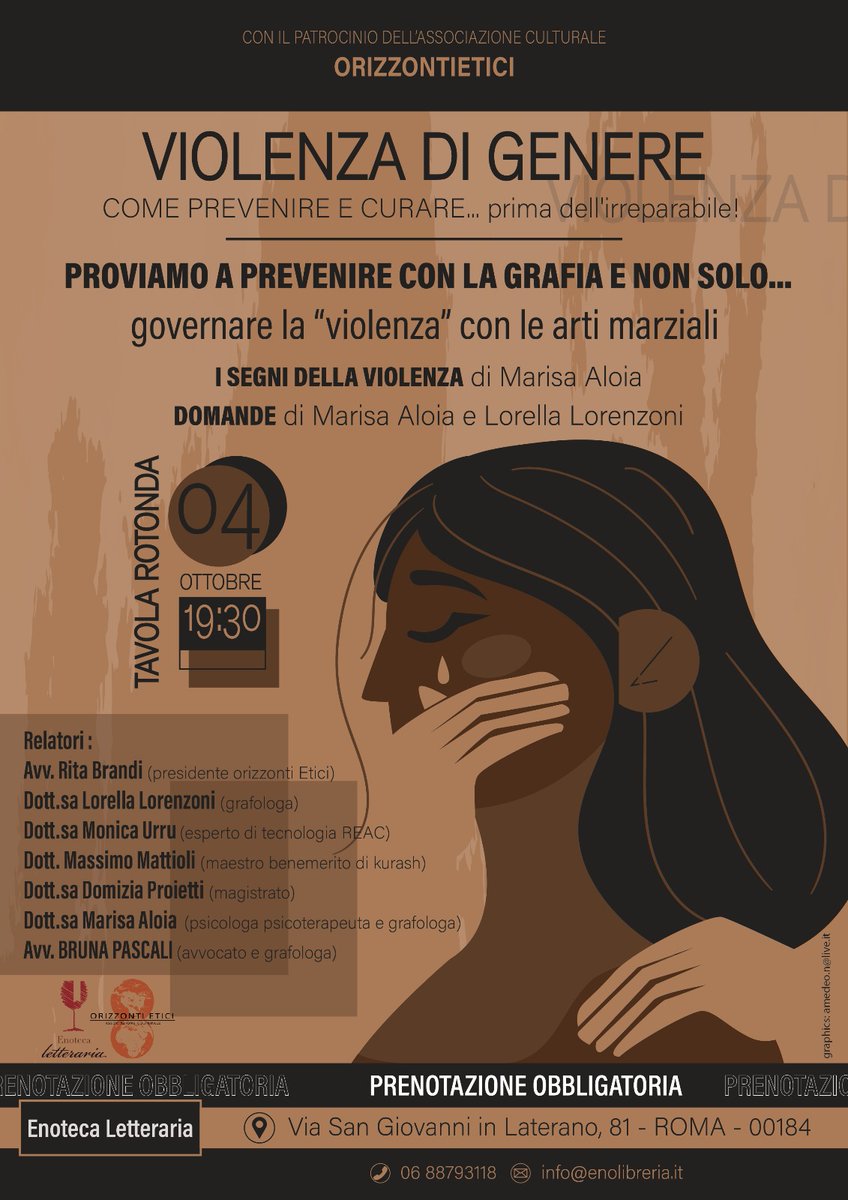 Enoteca Letteraria (@enolibri) on Twitter photo VENERDI: Tavola rotonda sulla "Violenza di genere" - mailchi.mp/a865b109fb0e/v…
*ULTIMI POSTI*
PRENOTA ORA:
0688793118
3662560283 (whatsapp)
info@enolibreria.it
enolibreria.it/eventi/violenz… VENERDI: Tavola rotonda sulla "Violenza di genere" - mailchi.mp/a865b109fb0e/v…
*ULTIMI POSTI*
PRENOTA ORA:
0688793118
3662560283 (whatsapp)
info@enolibreria.it
enolibreria.it/eventi/violenz…