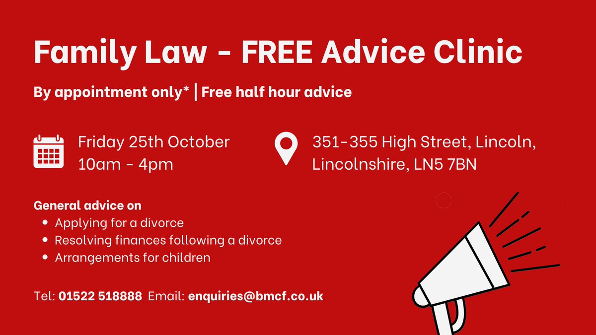 Free Family Law Advice Clinic! 🗣️

We are hosting a free family law advice clinic on Friday 25th October at our Lincoln office.📍

This will cover general advice on:
- ✍️ Applying for a divorce
- 🏦 Resolving finances following a divorce
- 🧑‍🧑‍🧒 Arrangements for children