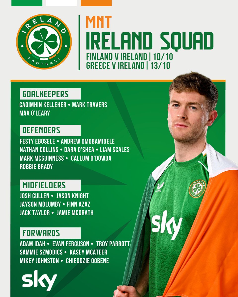 IrelandFootball's tweet photo. SQUAD ANNOUNCED | 24-man squad named for Finland &amp; Greece matches 🤩

Mark McGuinness receives his first call-up as Jack Taylor, Finn Azaz, Jamie McGrath, Festy Ebosele &amp; Mikey Johnston all come into the squad 🇮🇪💚

10/10 | 🇫🇮🆚🇮🇪
13/10 | 🇬🇷🆚🇮🇪 https://t.co/cIJnoiX572