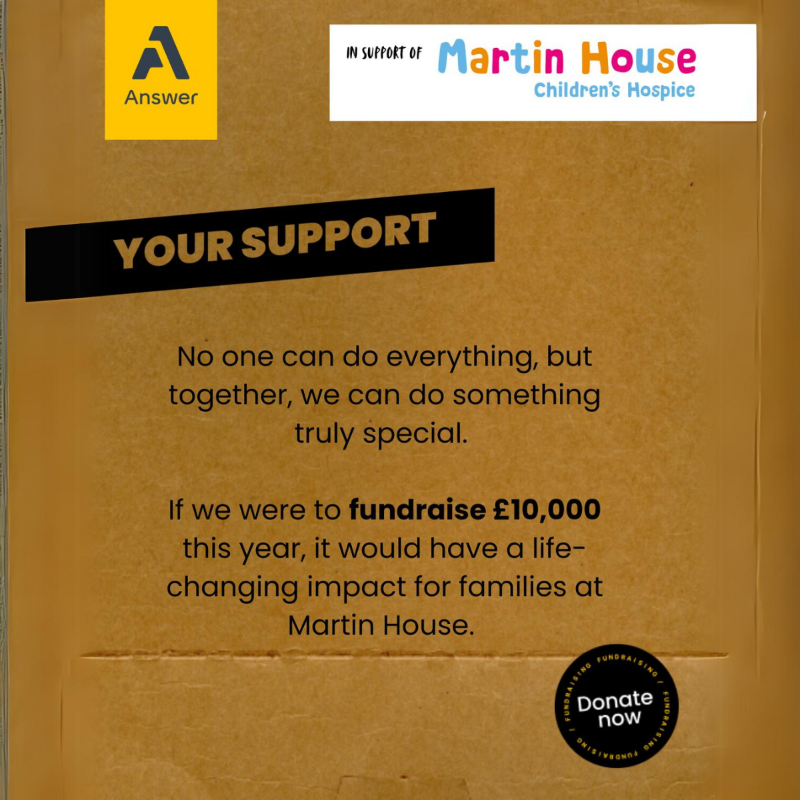 AnswerDigital's tweet photo. This week, we'll be showcasing the impact donations have on @MartinHouseCH. Whether it's £10 or £100, every bit brings joy to families. On 11th Oct, our team is joining #TheBigSleepOut to raise funds and share stories of how even small gifts make a difference. 💙✨

#DonateToday