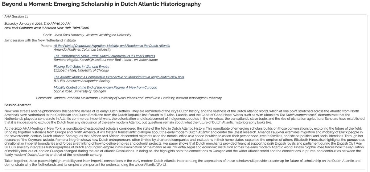 ramonanegron's tweet photo. Very excited to travel to NYC in January to present in @drhardesty and @ACMosterman's panel "Beyond a Moment: Emerging Scholarship in Dutch Atlantic Historiography".

I will present a paper based on my dissertation about the Dutch participation in the Spanish Empire. https://t.co/MNO2yhjRHV